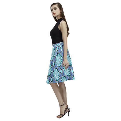 Aqua Blue Hearts and Flowers Melete Pleated Midi Skirt (Model D15)
