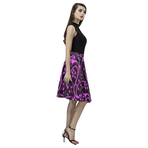 Vintage Floral Violet Black Melete Pleated Midi Skirt (Model D15)