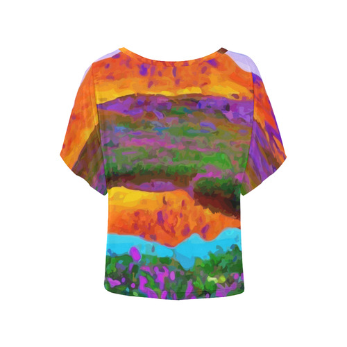 Sunset Landscape Purple Floral Red Mountains Women's Batwing-Sleeved Blouse T shirt (Model T44)
