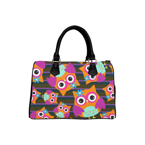 Cute Owl Pattern Pink Orange Aqua Boston Handbag (Model 1621)