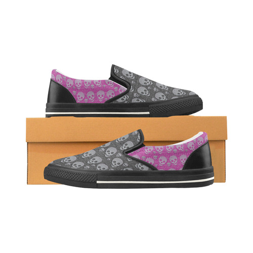 SKULLS BLACK AND PINK Slip-on Canvas Shoes for Kid (Model 019)