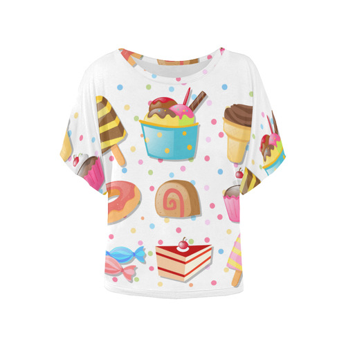 Colorful Ice Cream Candy Cake Donut Sweets Women's Batwing-Sleeved Blouse T shirt (Model T44)