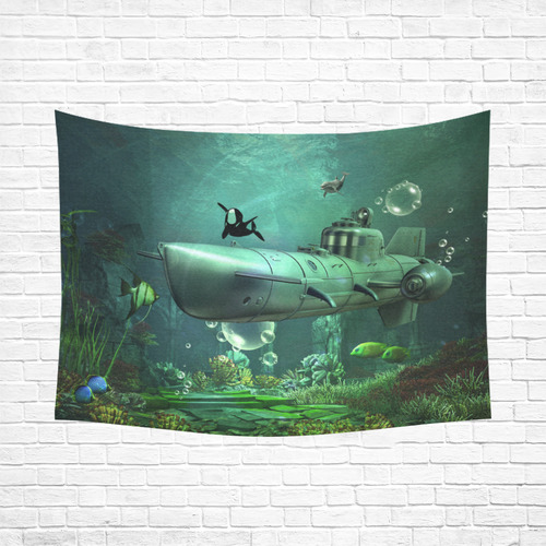 Awesome submarine with orca Cotton Linen Wall Tapestry 80"x 60"