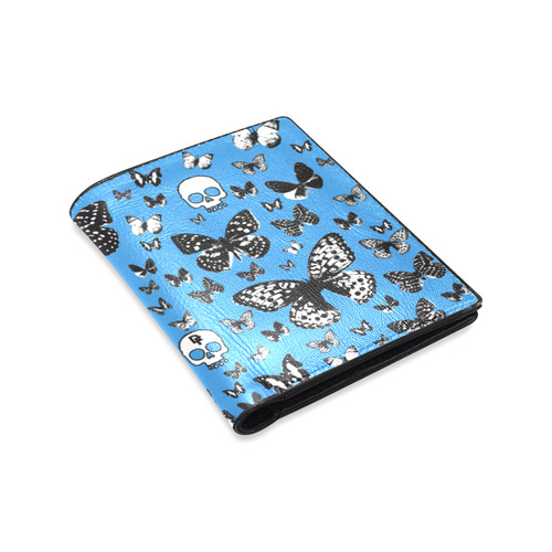 Skulls & Butterflies on Blue Men's Leather Wallet (Model 1612)