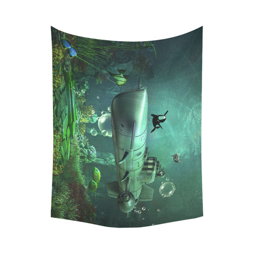 Awesome submarine with orca Cotton Linen Wall Tapestry 80"x 60"