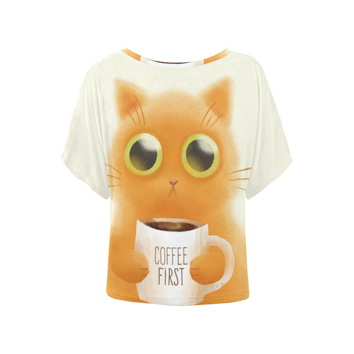 Cute Orange Kitten Coffee Mug Women's Batwing-Sleeved Blouse T shirt (Model T44)