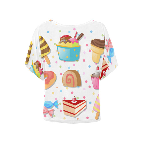 Colorful Ice Cream Candy Cake Donut Sweets Women's Batwing-Sleeved Blouse T shirt (Model T44)
