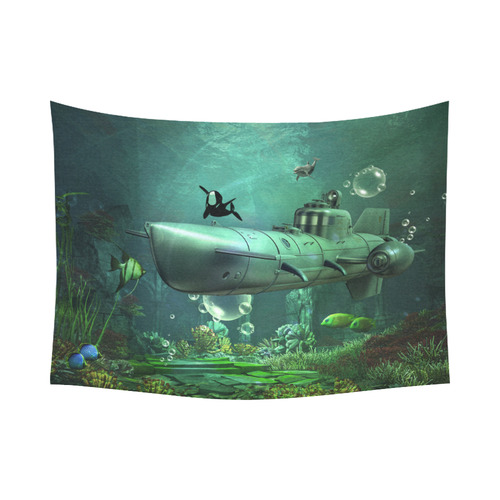 Awesome submarine with orca Cotton Linen Wall Tapestry 80"x 60"