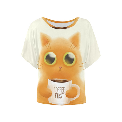 Cute Orange Kitten Coffee Mug Women's Batwing-Sleeved Blouse T shirt (Model T44)