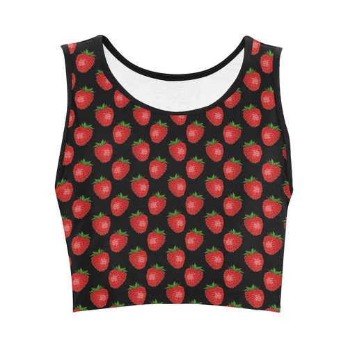 Fresh Bright Red Strawberries on Black Pattern Women's Crop Top (Model T42)