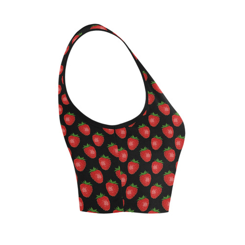 Fresh Bright Red Strawberries on Black Pattern Women's Crop Top (Model T42)