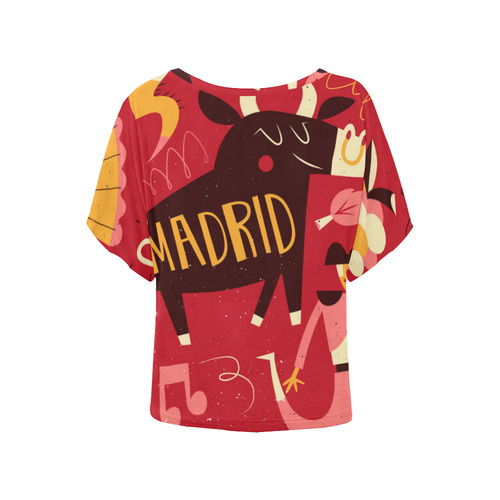 Funny Madrid Travel Bull Bullfighter Guitar Women's Batwing-Sleeved Blouse T shirt (Model T44)