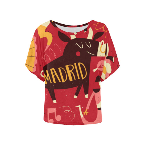 Funny Madrid Travel Bull Bullfighter Guitar Women's Batwing-Sleeved Blouse T shirt (Model T44)