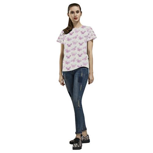 Fantastic Pink Butterflies All Over Print T-Shirt for Women (USA Size) (Model T40)