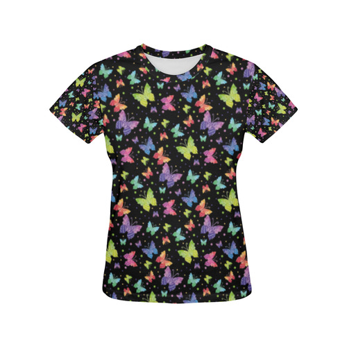 Colorful Butterflies Black Edition All Over Print T-Shirt for Women (USA Size) (Model T40)