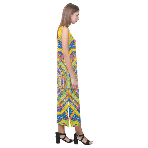 Happy fantasy earth mandala Phaedra Sleeveless Open Fork Long Dress (Model D08)
