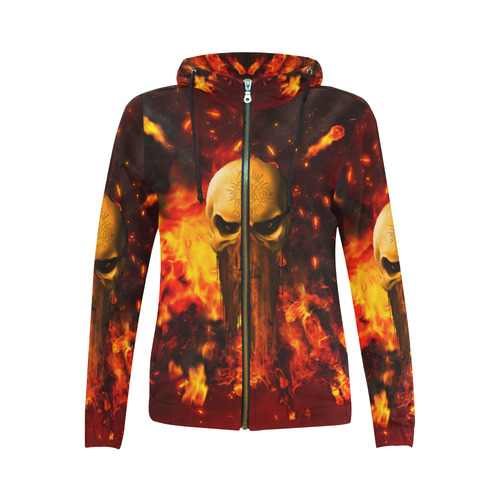Amazing skull with fire All Over Print Full Zip Hoodie for Women (Model H14)
