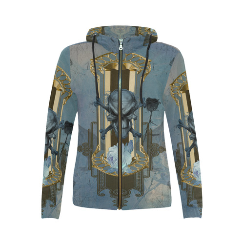 The blue skull with crow All Over Print Full Zip Hoodie for Women (Model H14)