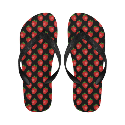 Fresh Bright Red Strawberries on Black Pattern Flip Flops for Men/Women (Model 040)