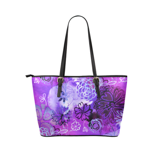 Urban Purple Flowers Leather Tote Bag/Large (Model 1651)