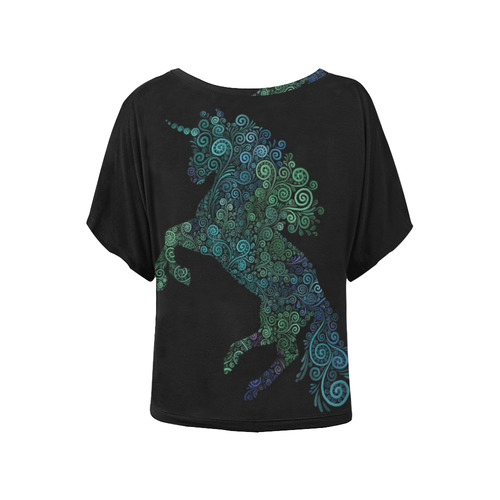 3D Psychedelic Unicorn blue and green Women's Batwing-Sleeved Blouse T shirt (Model T44)