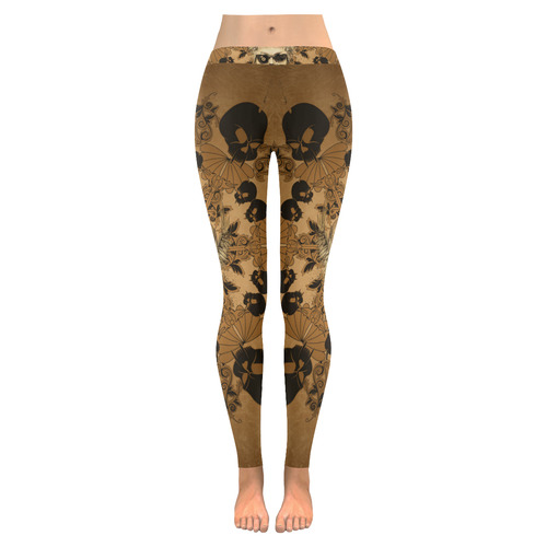 Skull with skull mandala on the background Women's Low Rise Leggings (Invisible Stitch) (Model L05)