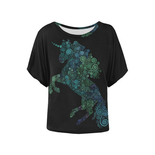 3D Psychedelic Unicorn blue and green Women's Batwing-Sleeved Blouse T shirt (Model T44)