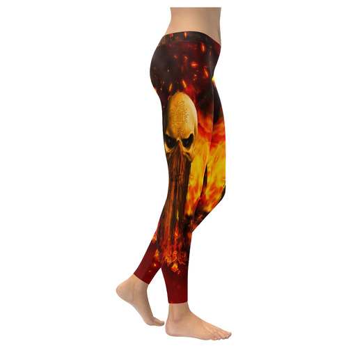 Amazing skull with fire Women's Low Rise Leggings (Invisible Stitch) (Model L05)