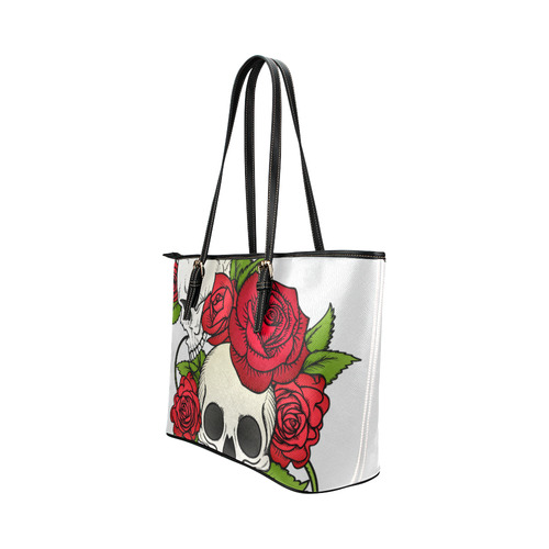 Skulls With Red Roses Leather Tote Bag/Small (Model 1651)