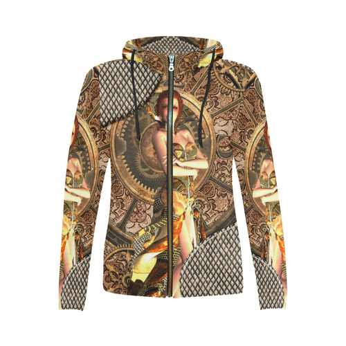 Steampunk lady with gears and clocks All Over Print Full Zip Hoodie for Women (Model H14)