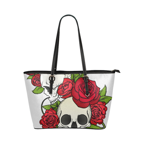 Skulls With Red Roses Leather Tote Bag/Small (Model 1651)