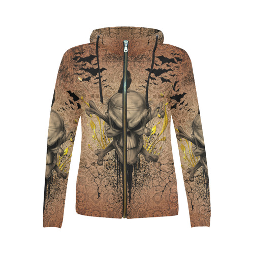 The scary skull with crow All Over Print Full Zip Hoodie for Women (Model H14)