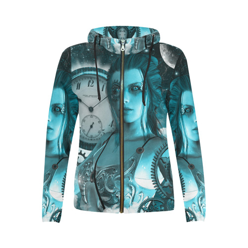 Steampunk lady, clocks and gears All Over Print Full Zip Hoodie for Women (Model H14)