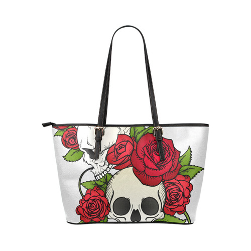 Skulls With Red Roses Leather Tote Bag/Small (Model 1651)