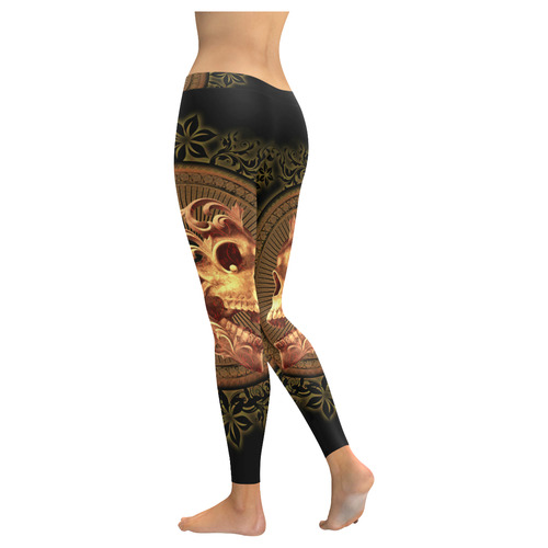 Amazing skull with floral elements Women's Low Rise Leggings (Invisible Stitch) (Model L05)