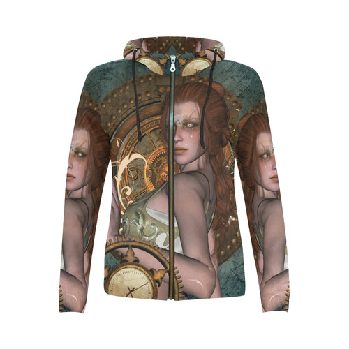 The steampunk lady with awesome eyes, clocks All Over Print Full Zip Hoodie for Women (Model H14)