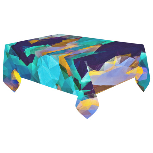 psychedelic geometric polygon abstract pattern in green blue brown yellow Cotton Linen Tablecloth 60"x 104"