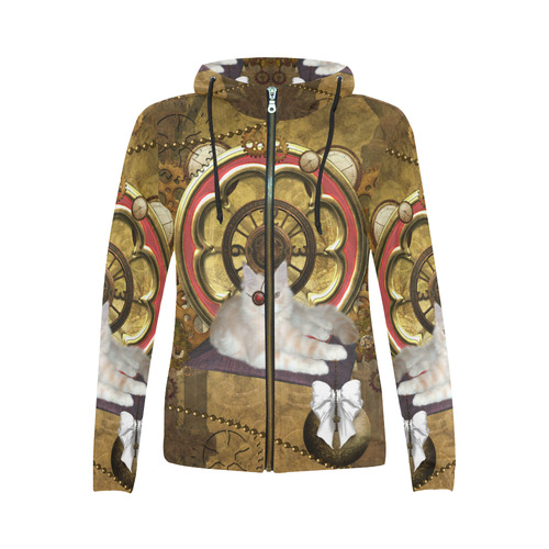 Steampunk, awseome cat clacks and gears All Over Print Full Zip Hoodie for Women (Model H14)