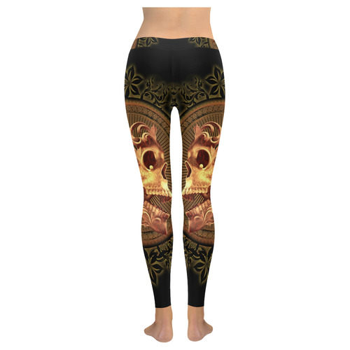 Amazing skull with floral elements Women's Low Rise Leggings (Invisible Stitch) (Model L05)