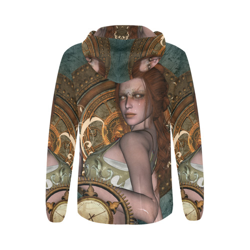 The steampunk lady with awesome eyes, clocks All Over Print Full Zip Hoodie for Women (Model H14)