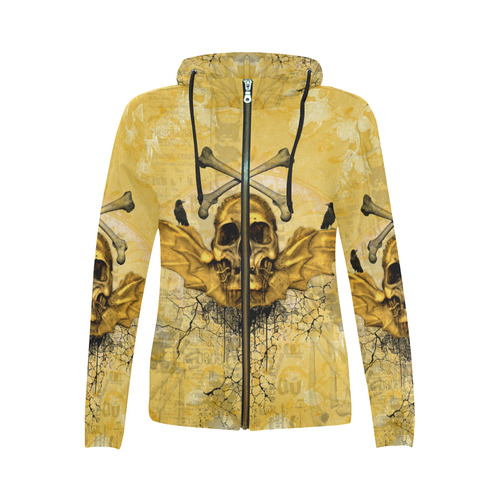 Awesome skull in golden colors All Over Print Full Zip Hoodie for Women (Model H14)