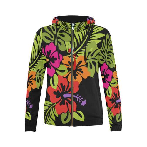 Tropical Hibiscus Blossoms Bouquet All Over Print Full Zip Hoodie for Women (Model H14)