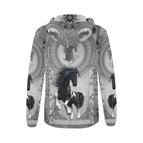 Awesome horse in black and white with flowers All Over Print Full Zip Hoodie for Women (Model H14)