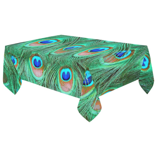 Peacock Feathers Watercolor Cotton Linen Tablecloth 60"x 104"