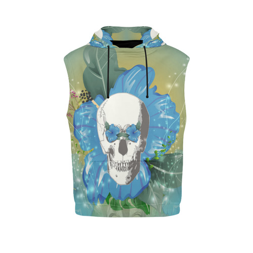 Funny skull with blue flowers All Over Print Sleeveless Hoodie for Women (Model H15)
