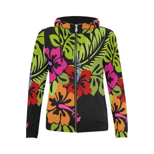 Tropical Hibiscus Flowers Bouquet All Over Print Full Zip Hoodie for Women (Model H14)
