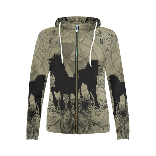 Beautiful horses, solhouette in black All Over Print Full Zip Hoodie for Women (Model H14)