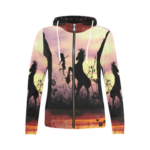 Wonderful fairy with foal in the sunset All Over Print Full Zip Hoodie for Women (Model H14)