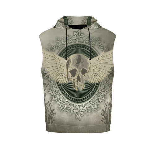 Skull with wings and roses on vintage background All Over Print Sleeveless Hoodie for Men (Model H15)