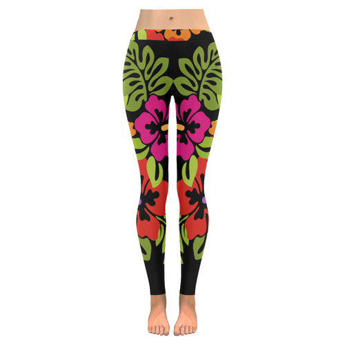 Tropical Hibiscus Blossoms Bouquet Women's Low Rise Leggings (Invisible Stitch) (Model L05)